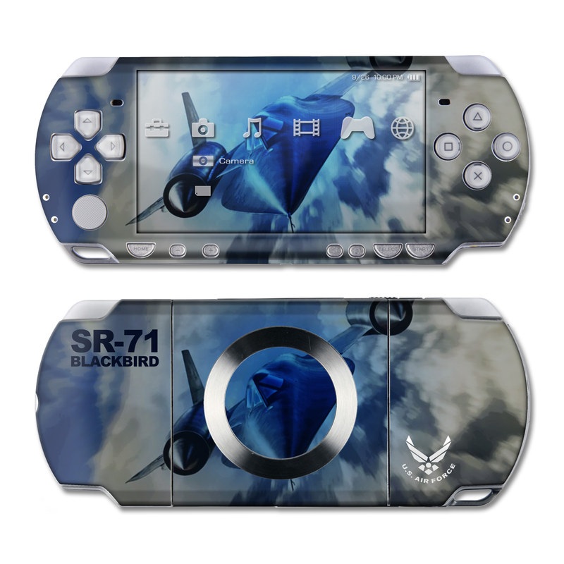 PSP 2nd Gen Slim & Lite Skin design of Airplane, Propeller, Aircraft, Sky, Vehicle, Aerospace engineering, Experimental aircraft, Military aircraft, Aviation, with black, blue, gray colors