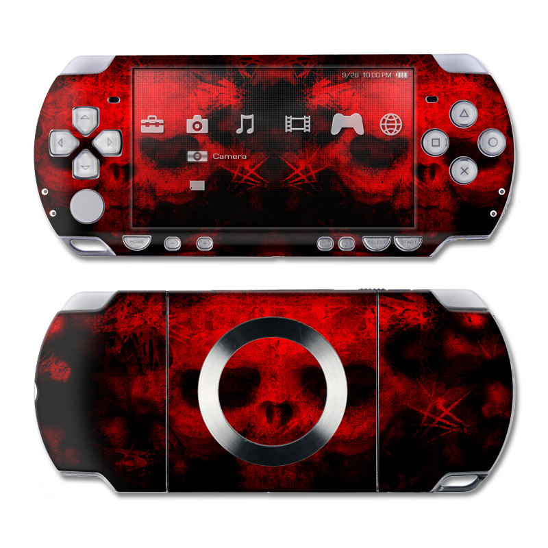 PSP 2nd Gen Slim & Lite Skin design of Red, Skull, Bone, Darkness, Mouth, Graphics, Pattern, Fiction, Art, Fractal art, with black, red colors