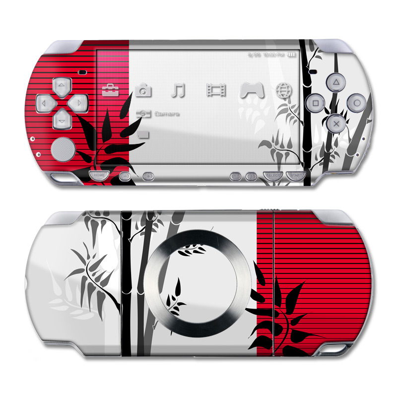 PSP 2nd Gen Slim & Lite Skin design of Botany, Plant, Branch, Plant stem, Tree, Bamboo, Pedicel, Black-and-white, Flower, Twig, with gray, red, black, white colors