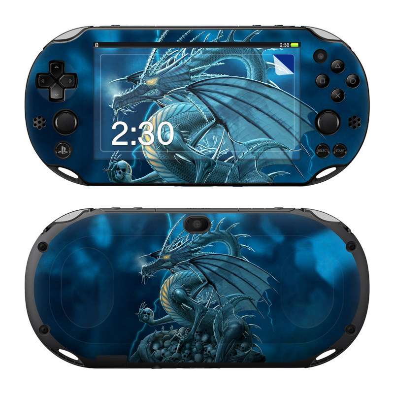 PlayStation Vita 2000 Skin design of Cg artwork, Dragon, Mythology, Fictional character, Illustration, Mythical creature, Art, Demon, with blue, yellow colors