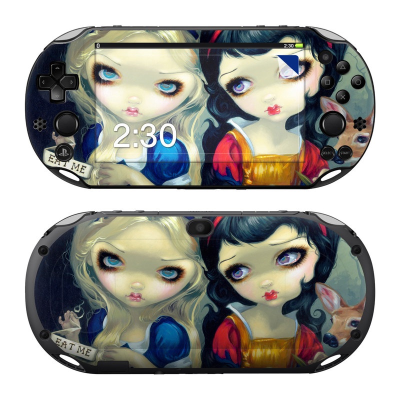 PlayStation Vita 2000 Skin design of Doll, Cartoon, Illustration, Cat, Art, Fawn, Toy, Fictional character, Whiskers, with blue, yellow, red, orange, gray colors