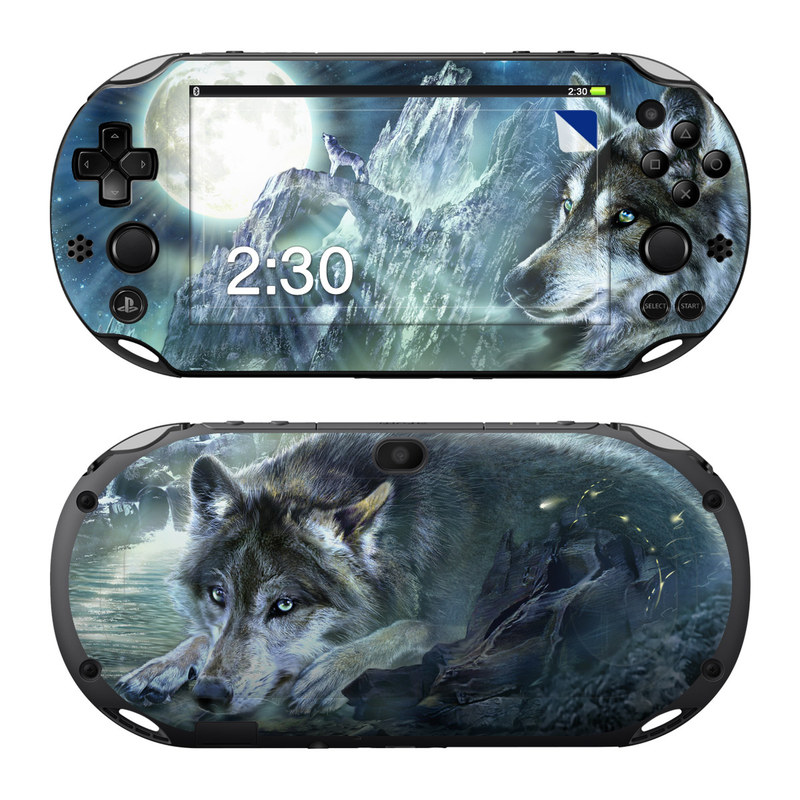 PlayStation Vita 2000 Skin design of Cg artwork, Fictional character, Darkness, Werewolf, Illustration, Wolf, Mythical creature, Graphic design, Dragon, Mythology, with black, blue, gray, white colors