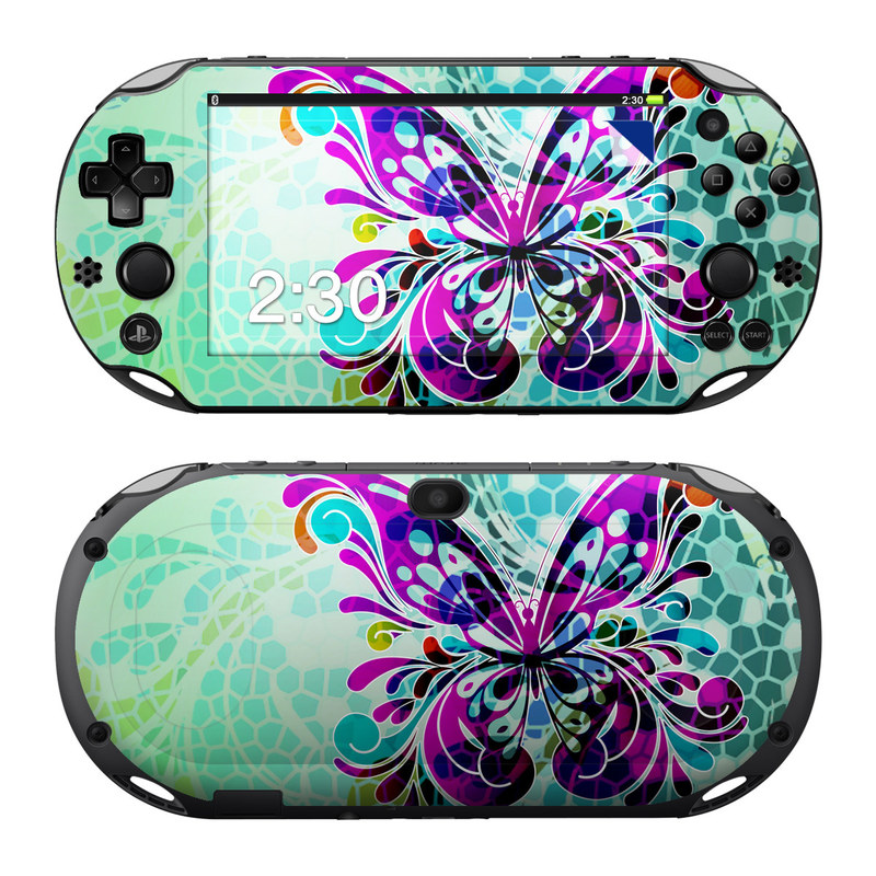PlayStation Vita 2000 Skin design of Butterfly, Pattern, Insect, Moths and butterflies, Purple, Graphic design, Design, Pollinator, Visual arts, Magenta, with blue, green, purple colors