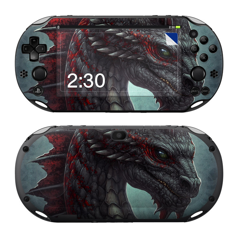 PlayStation Vita 2000 Skin design of Dragon, Fictional character, Mythical creature, Demon, Cg artwork, Illustration, Green dragon, Supernatural creature, Cryptid, with red, gray, blue colors