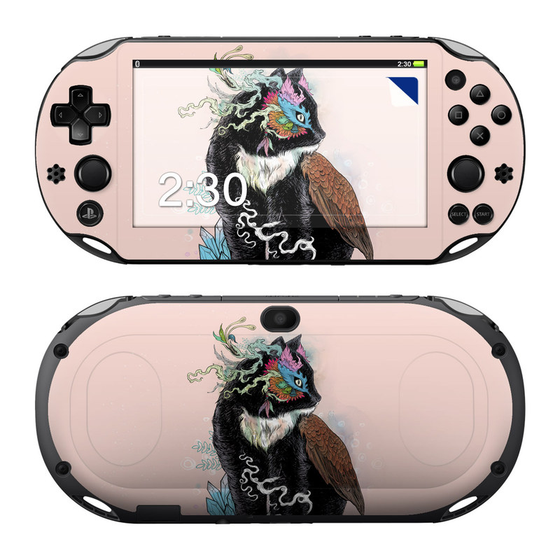PlayStation Vita 2000 Skin design of Illustration, Owl, Art, Graphic design, Cat, Tail, with pink, black, brown, red, green colors