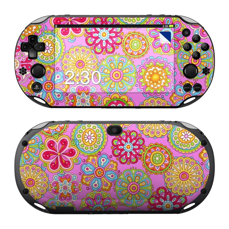 PlayStation Vita 2000 Skin design of Pattern, Design, Textile, Visual arts, Wrapping paper, Motif, Pedicel, with pink, red, orange, yellow, green, blue, purple colors