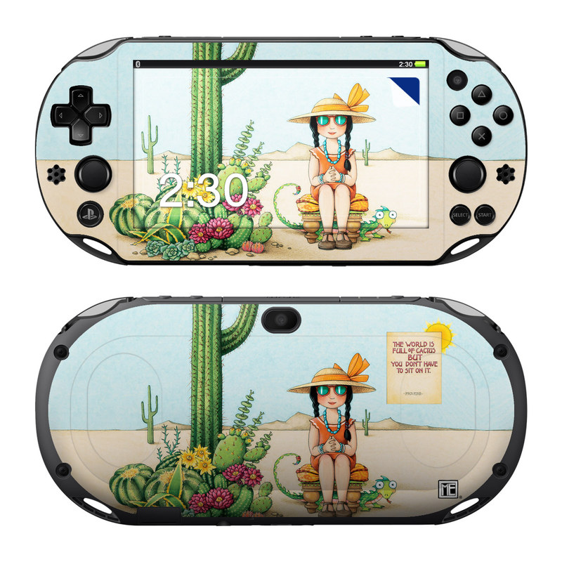 PlayStation Vita 2000 Skin design of Cartoon, Cactus, Illustration, Animated cartoon, Plant, Vegetable, Fictional character, Art, with green, yellow, pink, orange, brown colors