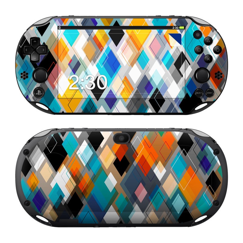 PlayStation Vita 2000 Skin design of Pattern, Line, Design, Colorfulness, Plaid, Tints and shades, Textile, Symmetry, Square, with black, blue, red, orange, white colors