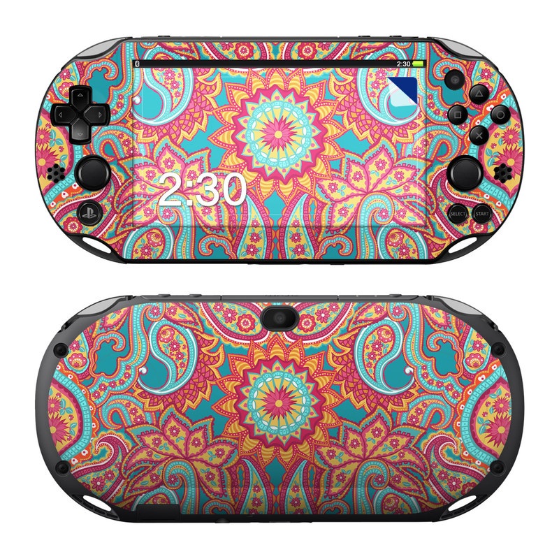 PlayStation Vita 2000 Skin design of Pattern, Paisley, Motif, Visual arts, Design, Art, Textile, Psychedelic art, with orange, yellow, blue, red colors