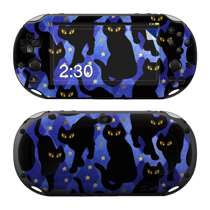 PlayStation Vita 2000 Skin design of Black cat, Black, Cat, Small to medium-sized cats, Pattern, Felidae, Design, Electric blue, Illustration, Art, with black, blue, purple, yellow colors