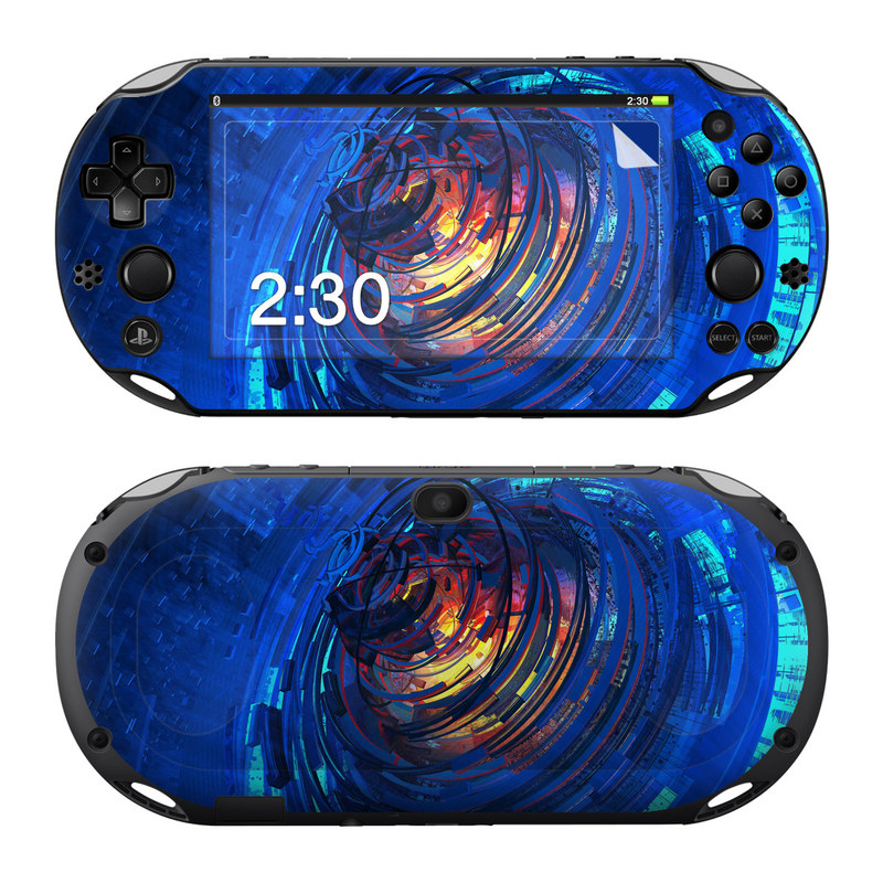 PlayStation Vita 2000 Skin design of Blue, Water, Circle, Vortex, Electric blue, Wave, Liquid, Graphics, Pattern, Colorfulness, with blue, orange, yellow colors