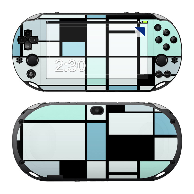 PlayStation Vita 2000 Skin design of Blue, Line, Turquoise, Pattern, Rectangle, Design, Parallel, Square, Symmetry, Tints and shades, with black, blue, green colors