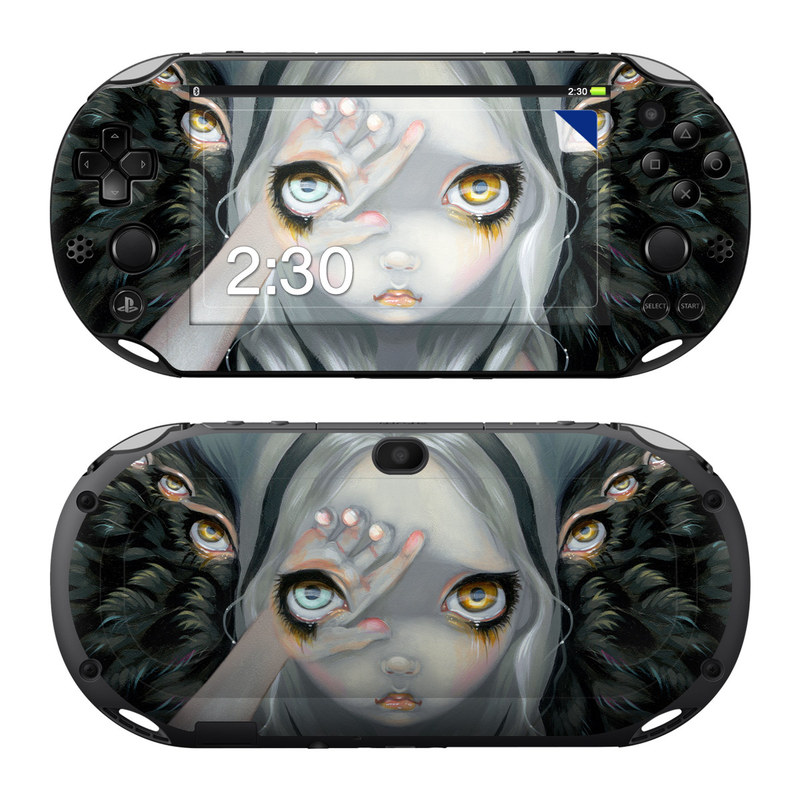 PlayStation Vita 2000 Skin design of Face, Head, Cg artwork, Eye, Illustration, Organ, Fictional character, Art, Iris, Darkness, with black, gray, blue, green colors