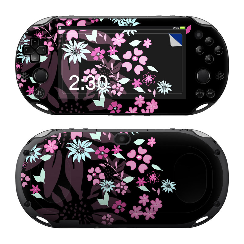 PlayStation Vita 2000 Skin design of Pink, Pattern, Flower, Plant, Botany, Petal, Floral design, Design, Pedicel, Graphic design, with black, gray, purple, green, red, pink colors