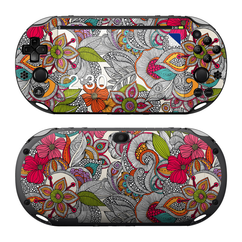 PlayStation Vita 2000 Skin design of Pattern, Drawing, Visual arts, Art, Design, Doodle, Floral design, Motif, Illustration, Textile, with gray, red, black, green, purple, blue colors