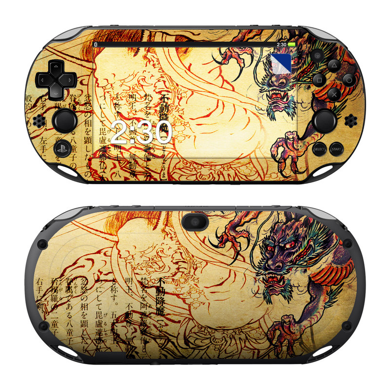 PlayStation Vita 2000 Skin design of Illustration, Fictional character, Art, Demon, Drawing, Visual arts, Dragon, Supernatural creature, Mythical creature, Mythology, with black, green, red, gray, pink, orange colors