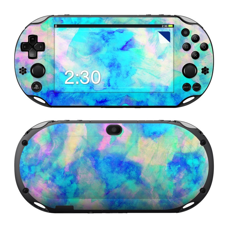 PlayStation Vita 2000 Skin design of Blue, Turquoise, Aqua, Pattern, Dye, Design, Sky, Electric blue, Art, Watercolor paint, with blue, purple colors