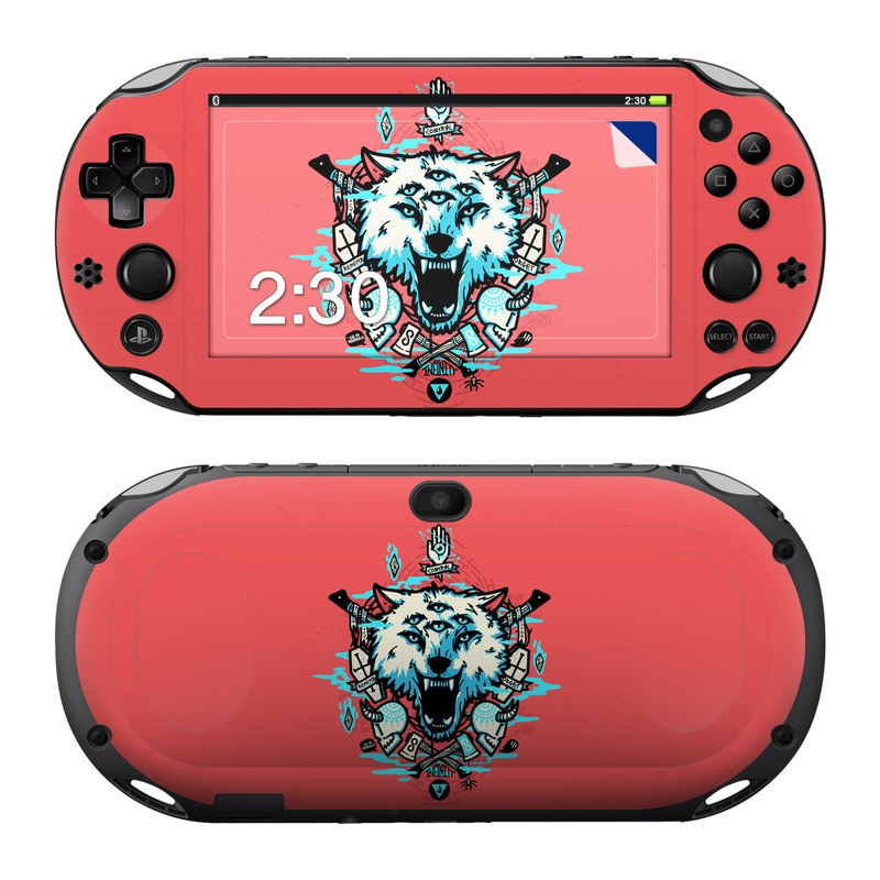 PlayStation Vita 2000 Skin design of Graphic design, Illustration, Crest, Logo, T-shirt, Symbol, Font, Graphics, Emblem, Pattern, with red, blue, black, gray colors