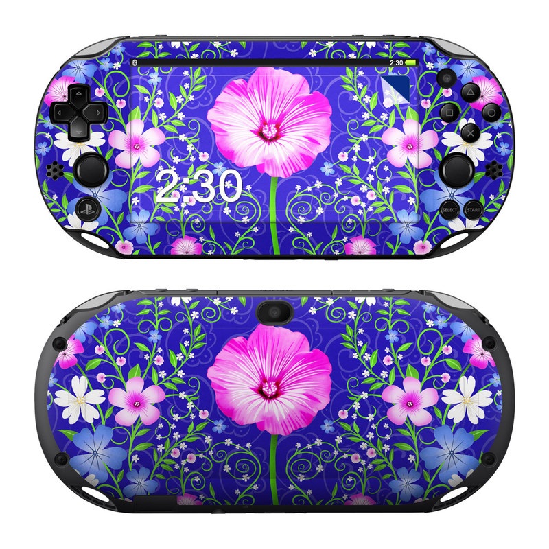 PlayStation Vita 2000 Skin design of Purple, Violet, Flower, Plant, Wildflower, Pattern, Petal, Design, Graphics, Morning glory, with blue, purple, pink, green, white, yellow colors