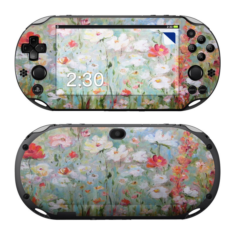PlayStation Vita 2000 Skin design of Flower, Painting, Watercolor paint, Plant, Modern art, Wildflower, Botany, Meadow, Acrylic paint, Flowering plant, with gray, black, green, red, blue colors