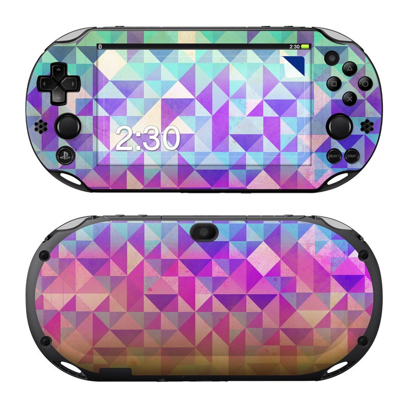 PlayStation Vita 2000 Skin design of Pattern, Purple, Triangle, Violet, Magenta, Line, Design, Symmetry, Psychedelic art, with gray, purple, green, blue, pink colors
