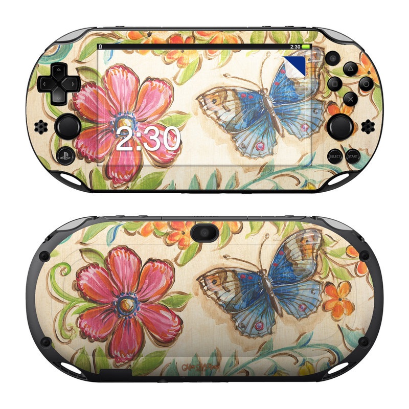 PlayStation Vita 2000 Skin design of Butterfly, Moths and butterflies, Insect, Pollinator, Plant, Pattern, Watercolor paint, Wildflower, Visual arts, Brush-footed butterfly, with gray, pink, green, red, orange, blue colors