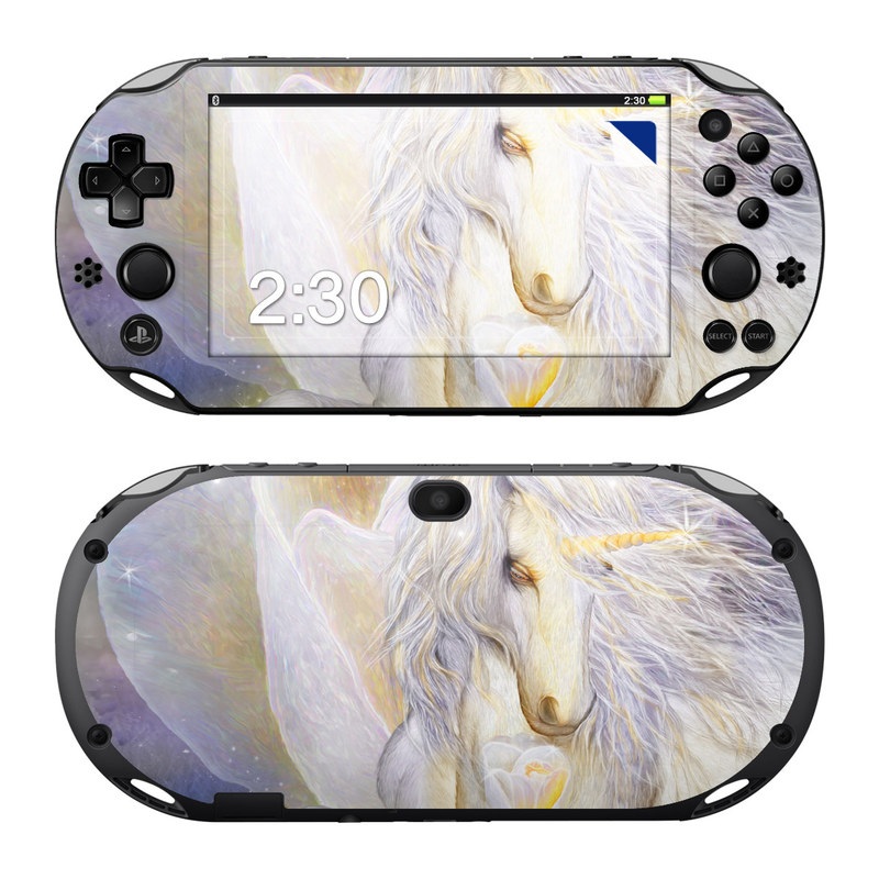 PlayStation Vita 2000 Skin design of Fictional character, Mythical creature, Unicorn, Sky, Mythology, Supernatural creature, Illustration, with gray, black, green, pink, blue colors