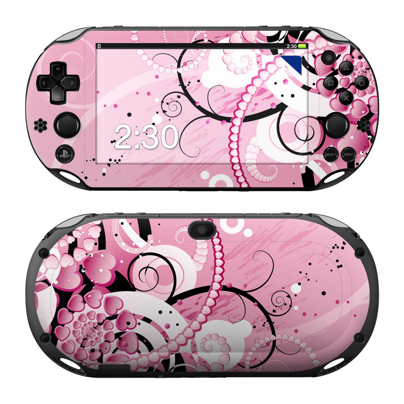 PlayStation Vita 2000 Skin design of Pink, Floral design, Graphic design, Text, Design, Flower Arranging, Pattern, Illustration, Flower, Floristry, with pink, gray, black, white, purple, red colors