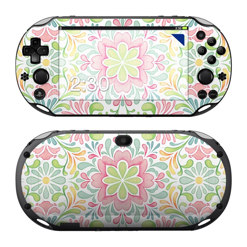 PlayStation Vita 2000 Skin design of Pattern, Pink, Visual arts, Design, Textile, Wrapping paper, Symmetry, Floral design, Motif, with gray, white, pink, green colors