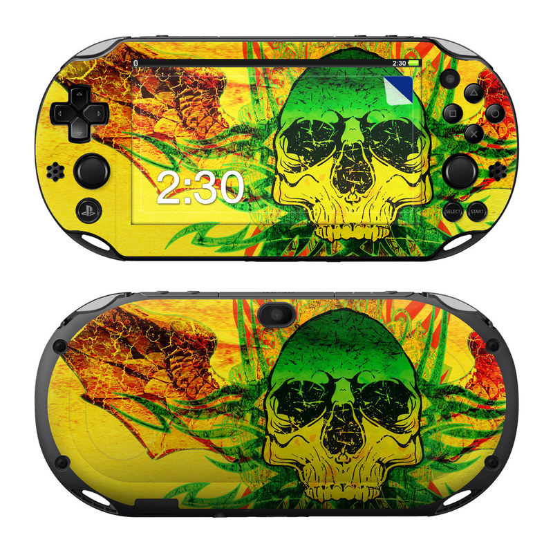 PlayStation Vita 2000 Skin design of Psychedelic art, Skull, Illustration, Bone, Art, Graphic design, Visual arts, Poster, Plant, Painting, with green, orange, black, red colors
