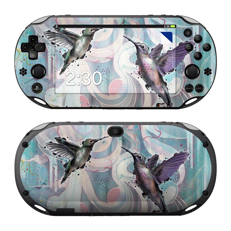 PlayStation Vita 2000 Skin design of Bird, Watercolor paint, Illustration, Hummingbird, Painting, Art, Wing, Fictional character, Acrylic paint, Perching bird, with gray, blue, black colors