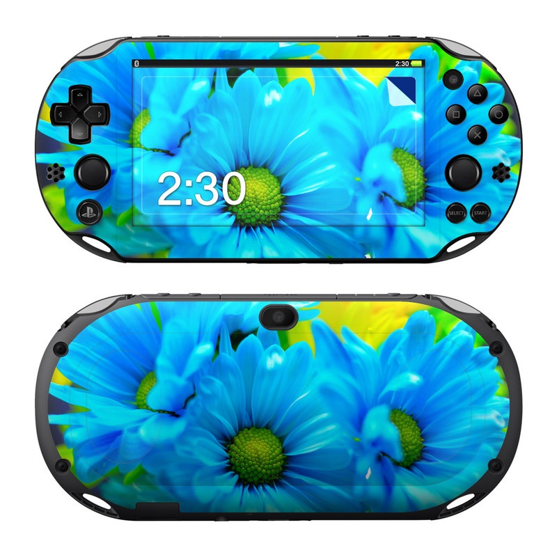 PlayStation Vita 2000 Skin design of Blue, Flower, Petal, Green, Plant, Cobalt blue, Yellow, Flowering plant, Gerbera, Electric blue, with blue, black, green colors