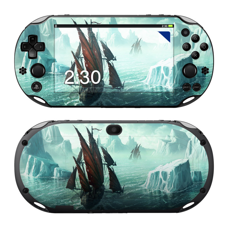 PlayStation Vita 2000 Skin design of Cg artwork, Vehicle, Ghost ship, Manila galleon, Fluyt, Adventure game, First-rate, Sailing ship, Mythology, Strategy video game, with gray, black, blue, green, white colors