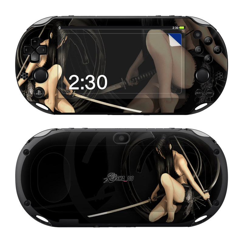 PlayStation Vita 2000 Skin design of Black, Photography, Leg, Black hair, Cg artwork, Darkness, Fetish model, Sitting, Flash photography, with black, yellow, gray, white colors