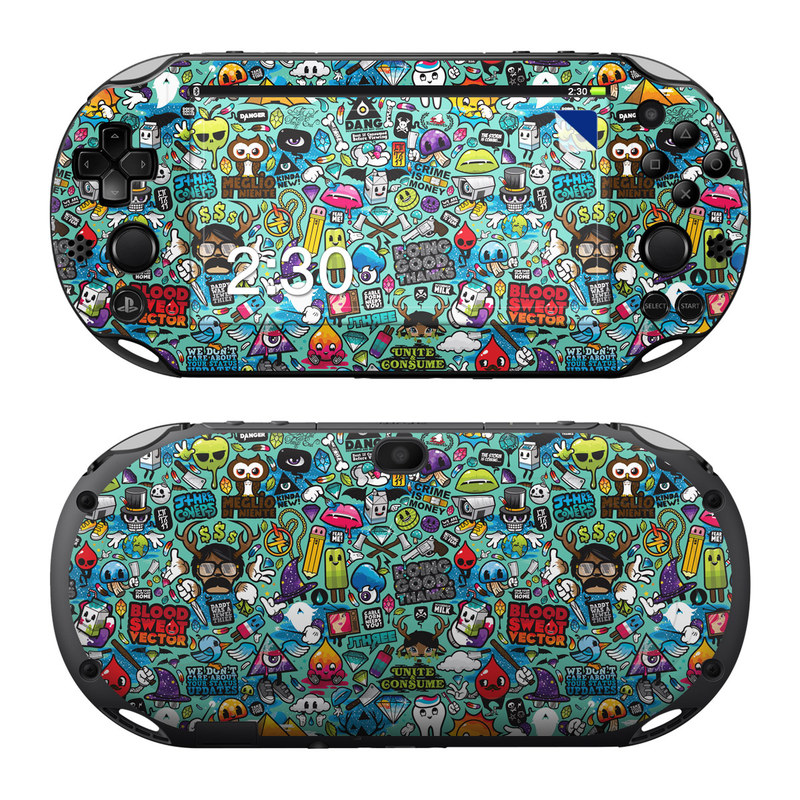 PlayStation Vita 2000 Skin design of Cartoon, Art, Pattern, Design, Illustration, Visual arts, Doodle, Psychedelic art, with black, blue, gray, red, green colors