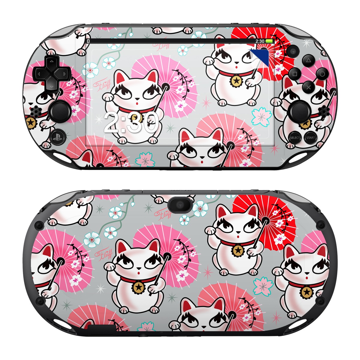 PlayStation Vita 2000 Skin design of Pink, Red, Cartoon, Design, Line, Textile, Pattern, Illustration, Smile, Fictional character, with white, red, pink, gray, blue, black colors