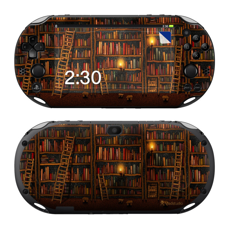 PlayStation Vita 2000 Skin design of Shelving, Library, Bookcase, Shelf, Furniture, Book, Building, Publication, Room, Darkness, with black, red colors