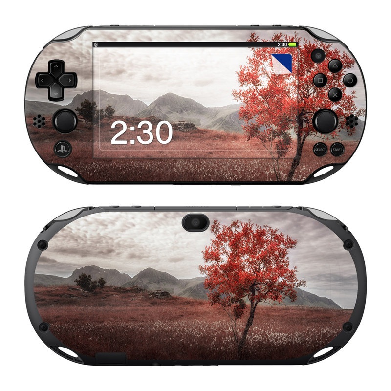 PlayStation Vita 2000 Skin design of Natural landscape, Nature, Tree, Sky, Red, Natural environment, Atmospheric phenomenon, Leaf, Cloud, Woody plant, with black, gray, red colors