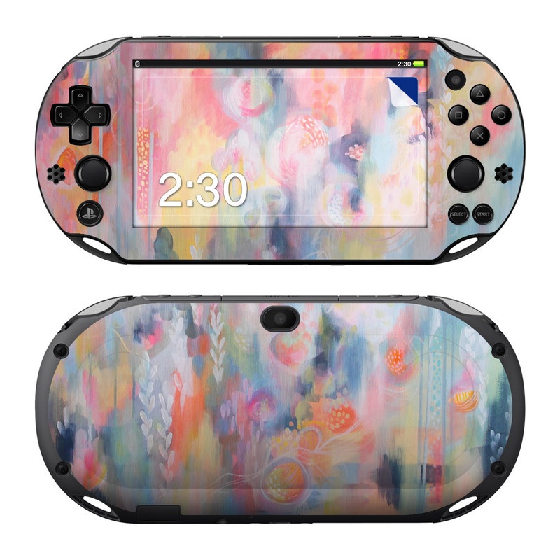 PlayStation Vita 2000 Skin design of Painting, Watercolor paint, Modern art, Acrylic paint, Art, Visual arts, Paint, Artwork, Dye, with blue, pink, orange, yellow, red, white colors