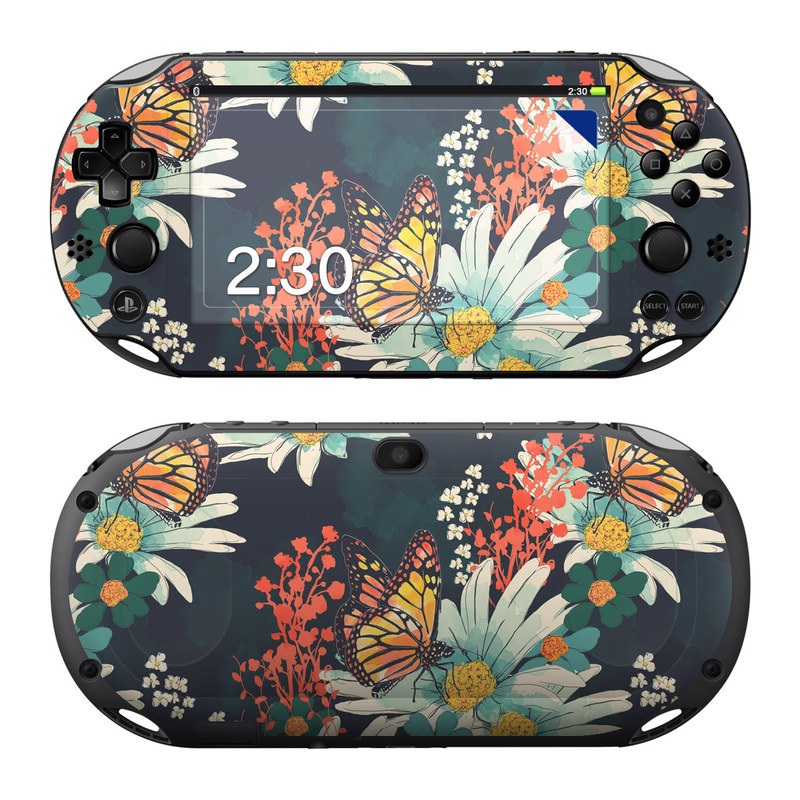 PlayStation Vita 2000 Skin design of Floral design, Pattern, Flower, Floristry, Textile, Botany, Plant, Visual arts, Design, Flower Arranging, with black, gray, green, red, blue, pink colors