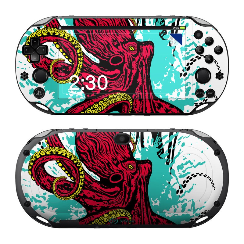 PlayStation Vita 2000 Skin design of Graphic design, Illustration, Visual arts, Octopus, Design, Art, Fictional character, Pattern, Clip art, Line art, with black, white, gray, red, blue, green colors