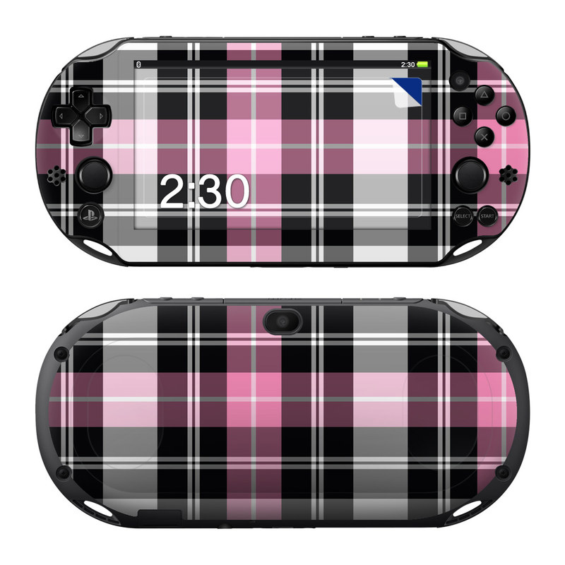 PlayStation Vita 2000 Skin design of Plaid, Tartan, Pattern, Pink, Purple, Violet, Line, Textile, Magenta, Design, with black, gray, pink, red, white, purple colors
