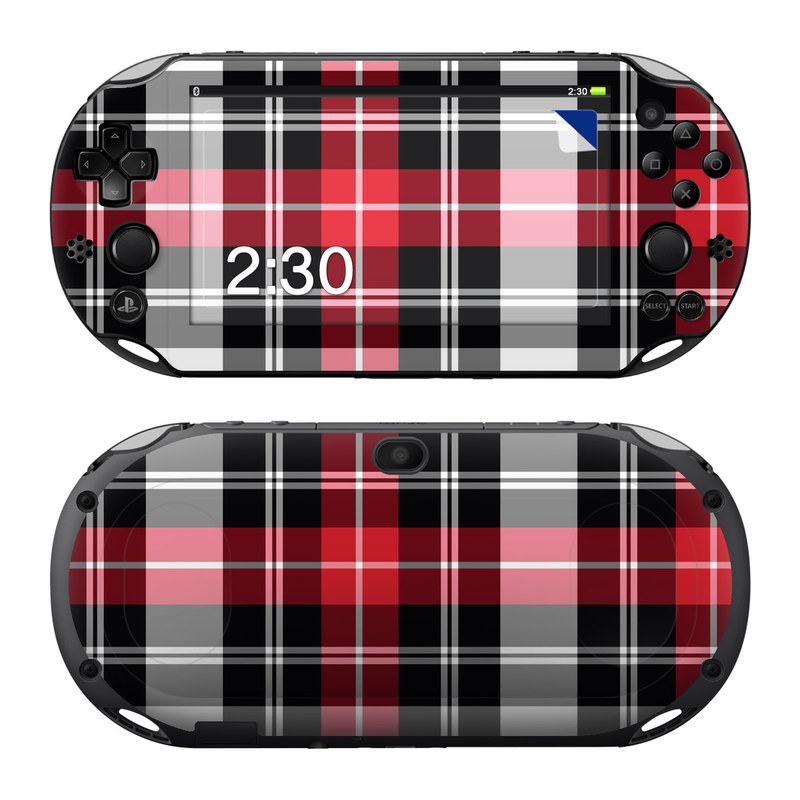 PlayStation Vita 2000 Skin design of Plaid, Tartan, Pattern, Red, Textile, Design, Line, Pink, Magenta, Square, with black, gray, pink, red, white colors