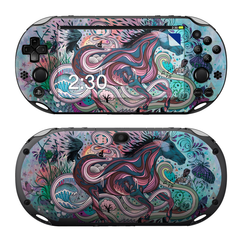 PlayStation Vita 2000 Skin design of Illustration, Art, Visual arts, Graphic design, Fictional character, Psychedelic art, Pattern, Drawing, Painting, Mythology, with gray, black, blue, red, purple colors