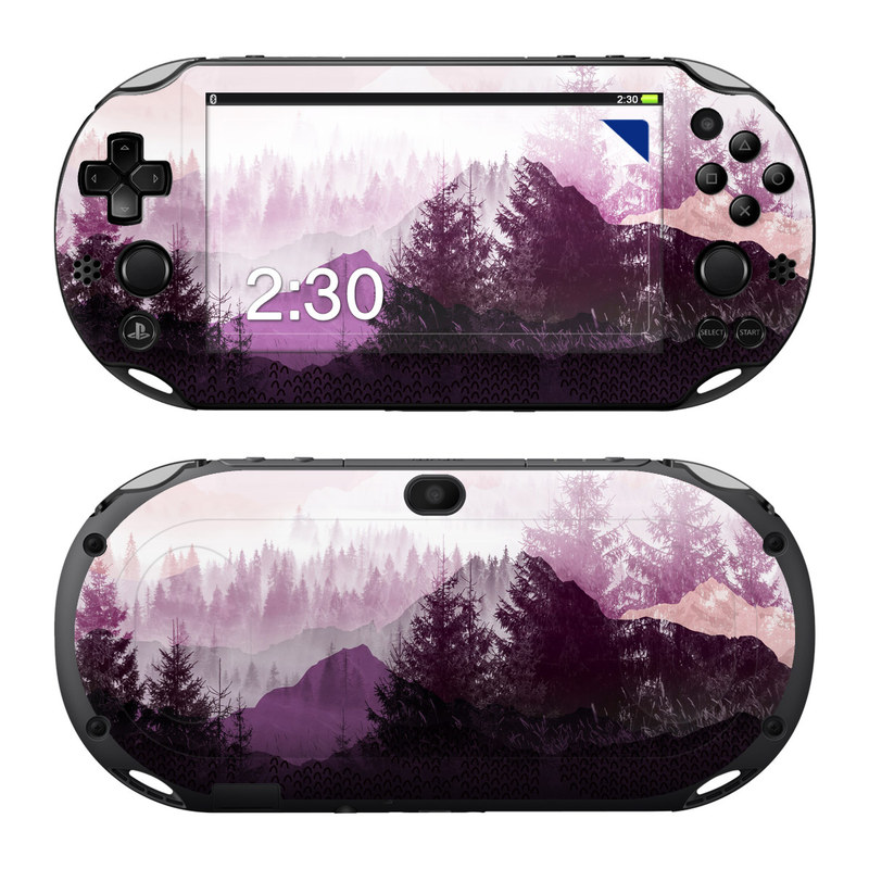 PlayStation Vita 2000 Skin design of Sky, Purple, Atmospheric phenomenon, Pink, Natural landscape, Violet, Mountain, Tree, Morning, Mountain range, with white, purple, black, pink colors