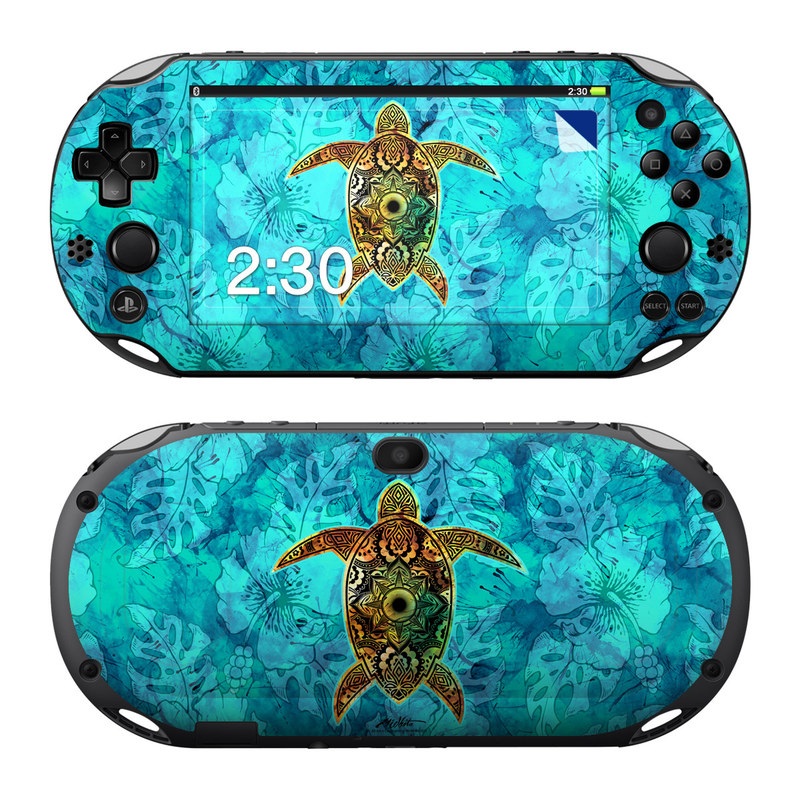 PlayStation Vita 2000 Skin design of Sea turtle, Green sea turtle, Turtle, Hawksbill sea turtle, Tortoise, Reptile, Loggerhead sea turtle, Illustration, Art, Pattern, with blue, black, green, gray, red colors