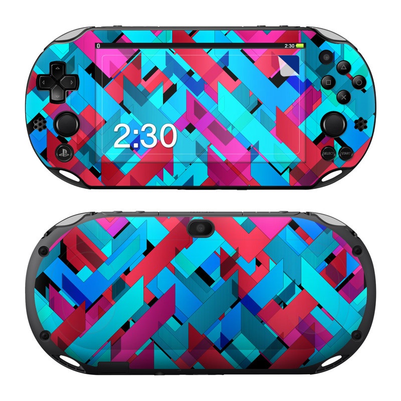 PlayStation Vita 2000 Skin design of Pattern, Turquoise, Line, Teal, Magenta, Design, Textile, Symmetry, Colorfulness, with blue, red, purple, black colors