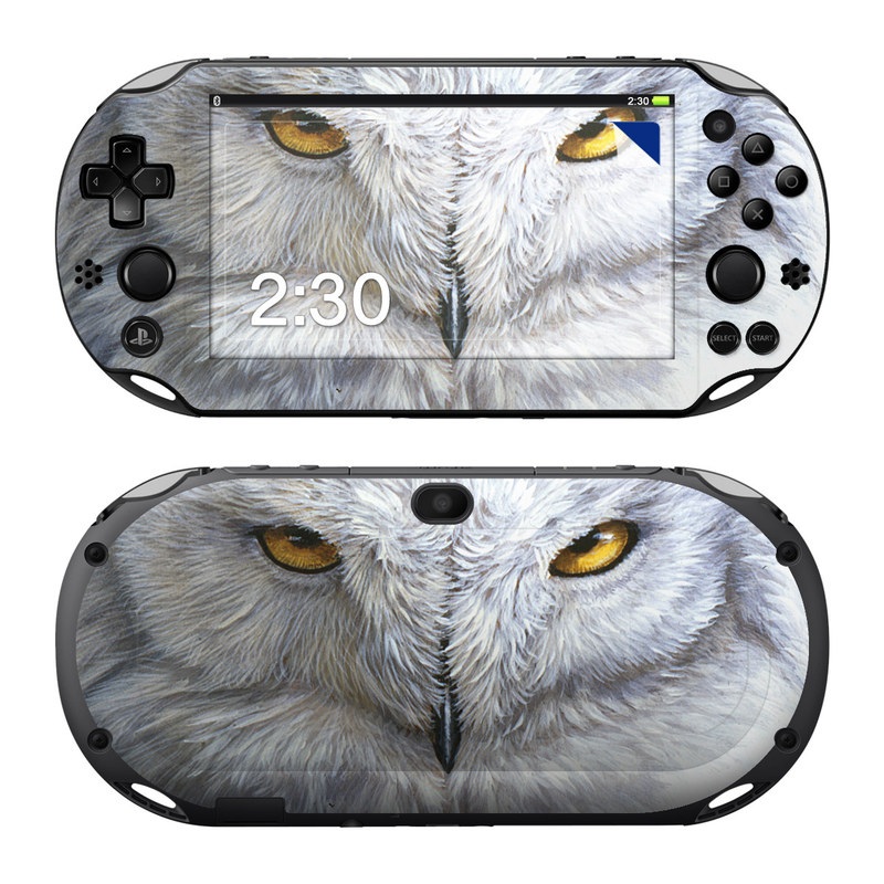 PlayStation Vita 2000 Skin design of Owl, Bird, Bird of prey, Snowy owl, great grey owl, Close-up, Eye, Snout, Wildlife, Eastern Screech owl, with gray, white, black, blue, purple colors