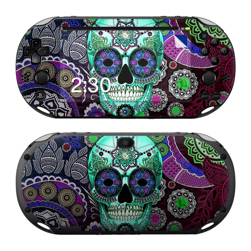 PlayStation Vita 2000 Skin design of Psychedelic art, Pattern, Skull, Purple, Bone, Violet, Design, Visual arts, Art, Magenta, with blue, green, purple, red, green, pink colors