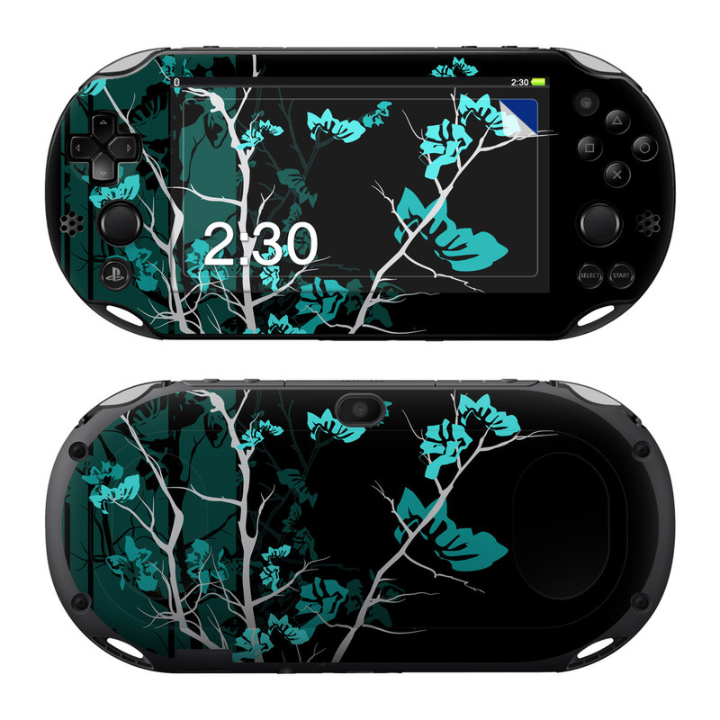 PlayStation Vita 2000 Skin design of Branch, Black, Blue, Green, Turquoise, Teal, Tree, Plant, Graphic design, Twig, with black, blue, gray colors
